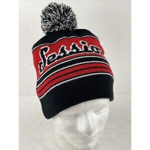 Session Lager Knit Beanie Pom Adult Hat OS Striped Black Red